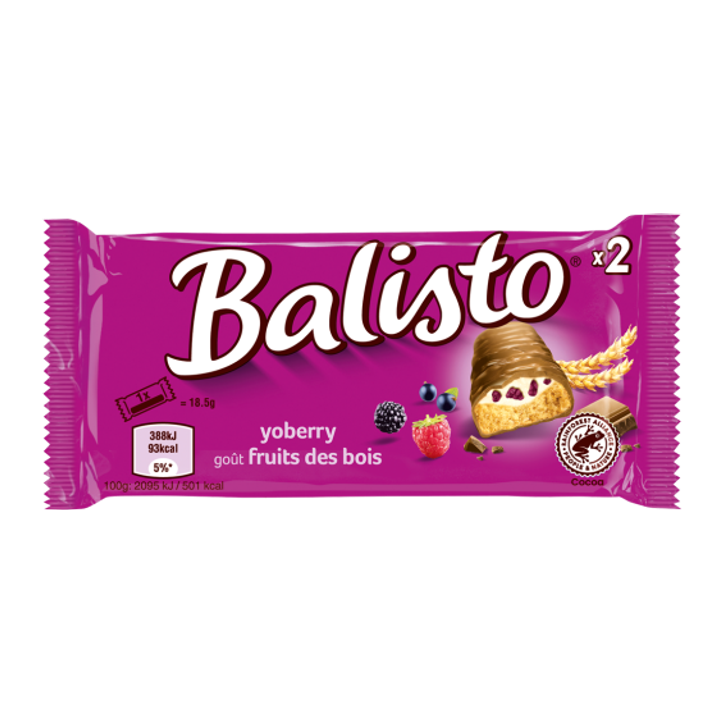 Balisto Yoberry Vollkornkeks-Riegel Waldbeer-Joghurt-Creme mit Überzug aus Milchschokolade 37g Balisto Yoberry Vollkornkeks-Riegel Waldbeer-Joghurt-Creme mit Überzug aus Milchschokolade 37g